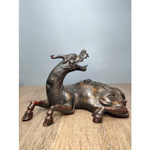 9"Tibet Buddhism Old Bronze Lacquer Cinnabar Turn head Incense burner Lucky beast Town House Ward off evil spirits