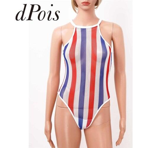 Womens See Through Fishnet Swimsuit One Piece Rave Rainbow Striped Bikini Swimwear See Through Mesh Bodysuit Women Beachwear