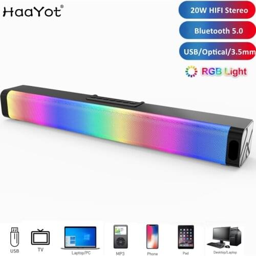 2021 Computer Game Speakers with RGB Light Powerful Bass Stereo Sound USB 3.5mm Optical Soundbar PC 20W Speaker for PC TV Mobile