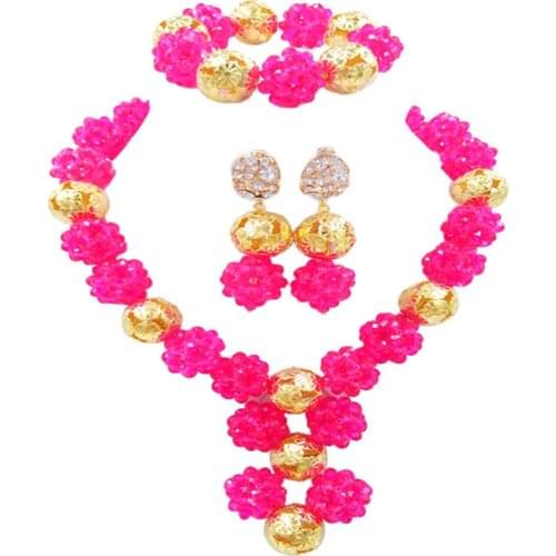 Beautiful fuchsia pink crystal ball bead nigerian wedding african beads jewelry set 1SJQ-04