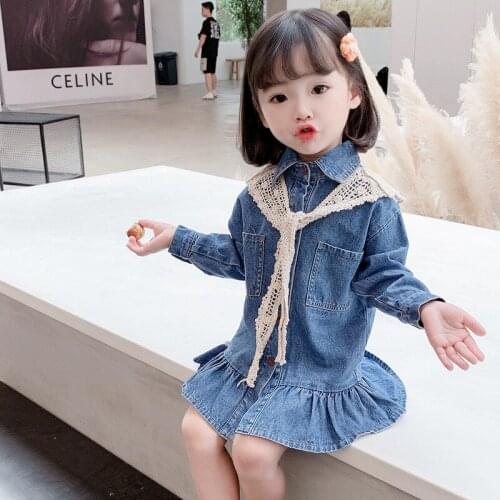 Lace Jean Blue Spring Summer Girls Dress Kids Teenagers Children Clothes Outwear Special Occasion Long Sleeve High Quality