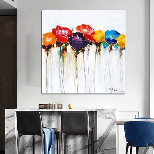 Fashion Modern Hand Painted Jeweled Poppies Wall Art Oil Painting Poster Canvas Wall Picture for Living Room Hallway Unframed