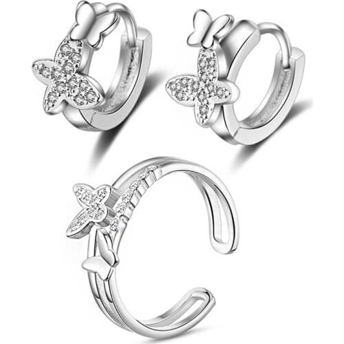 Double Butterfly Tiny Zirconia Jewelry Set Small Loop Hoop Earrings Double Layers Resiable Rings Fashion Gifts for Women