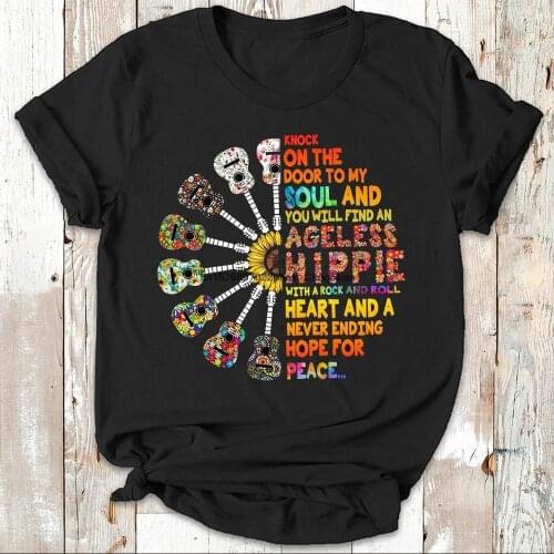 Knock On The Door To My Soul And You Will Find An Ageless Hippie Sunflower Guitarist Instrument T shirt