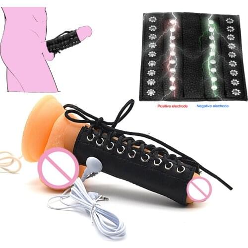 Electric Shock Leather Penis Sleeve Electro Stimulation Therapy Cock Ring Penis Extender Delay Bondage Ring Sex Toy For Men Gay