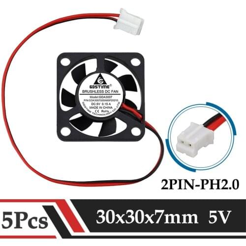 Gdstime 5 Pieces 5V 2pin 30x30x7mm 30mm Small Brushless DC Cooling Cooler Fan 2Pin 2.0 3007