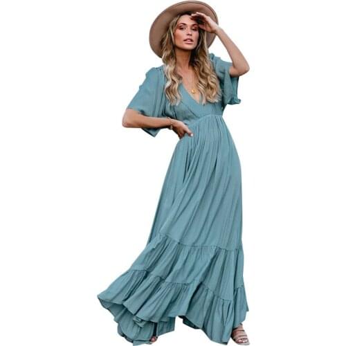 Europe Maxi Dress Women High Waist Elegant Party Dress Sexy V-neck Pleated Long Dress Woman Summer Ladies Evening Prom Dresses