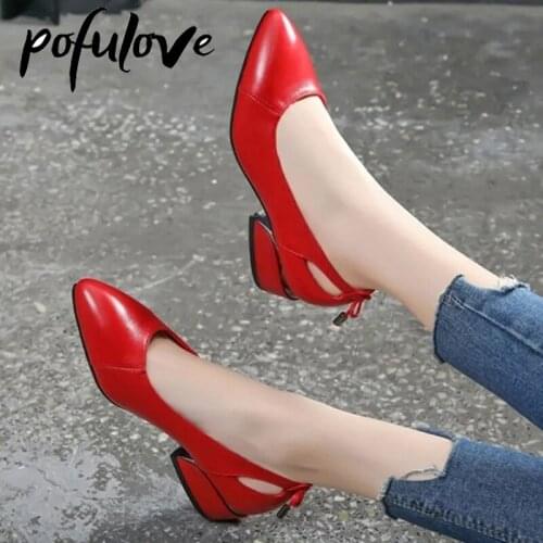 Pofulove Women Dress Shoes High Heels Leather Heels Pointed Toe Fashion Luxury Shoes Pumps Black Red Wedding Office Ladies Shoes
