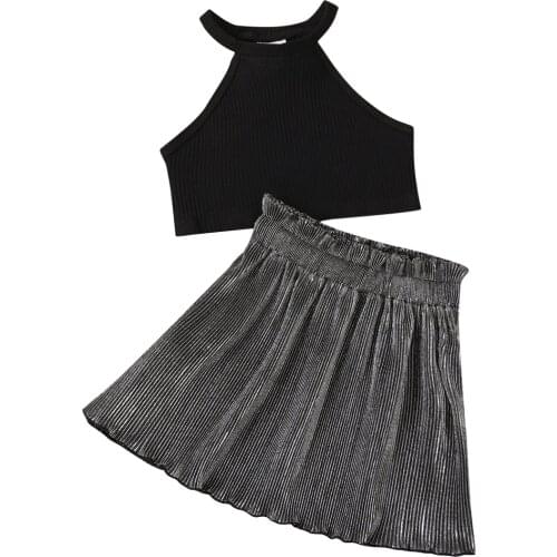 2 Pcs Toddler Casual Outfits, Baby Girl Sleeveless Ribbed Halter Tank Top + Solid Color Skirt 2-6T