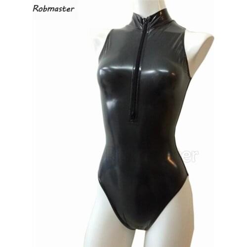 Sexy Women Latex Bodysuit Black One Piece Swimsuit Open Bust Front Zipper Sleeveless Bathing Suit Women Zentai Jumpsuit Leotard