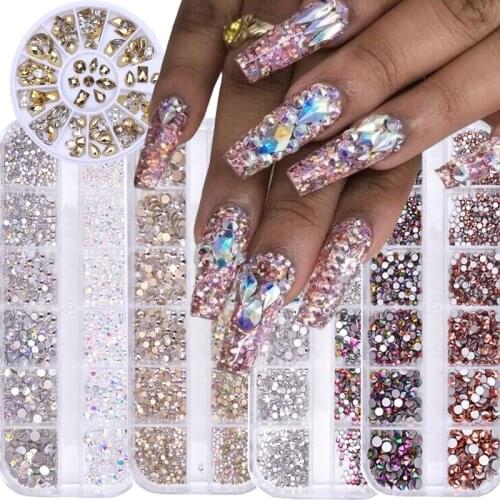 12 Grids/box Nail Art Rhinestone Mixed Crystal Rhinestone Diamond Gem Acrylic Nail Diamond Flat Back Shiny 3D Nails Accessories