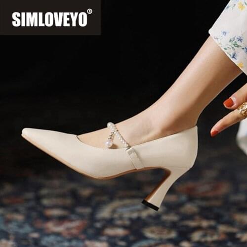SIMLOVEYO New 2021 Women Pumps Square Toe 7.5cm Block Heels Buckle Pearl Elegent Classic Big Size 48 Casual Date Beige A3834
