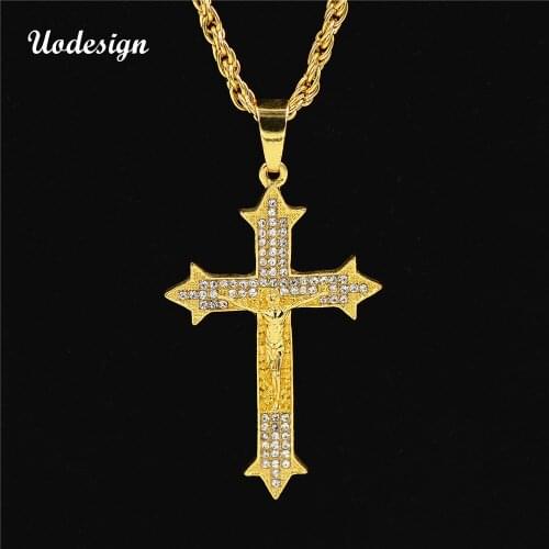 Uodesign Golden Bling Jesus Christ Crystal Chains Hip Hop Christmas Jewelry Gifts Rhinestone Crossing Pendants Necklaces for men