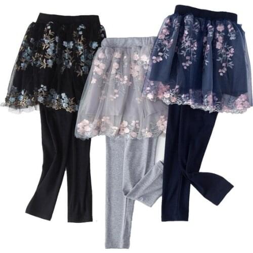 Toddler Girls Culottes Flower Mesh Skirt Leggings Fake Two Pieces Kids Pants Spring Autumn Children Trousers 4-11 Years Leggings
