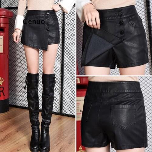 Fake Two Piece Skirts Shorts Women Black PU Leather Shorts Girls High Waist Single Breasted Short Trouser Sexy Clothing New