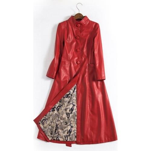 Women Long Leather Jacket New Autumn Clothes Solid color Stand Collar Single-breasted Leather Windbreakers Female Outerwear Coat