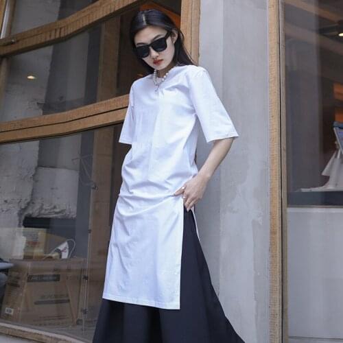 Womens new summer short sleeve round collar above the knee long slim T shirt Yamamoto style hip hop all-match base shirt