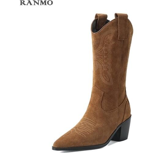 Retro Western Cowboy Boots for Women Pointed Toe Womens Shoes Brand Embossing Suede Leather Shoes Mid-calf Chunky Wedges Boot