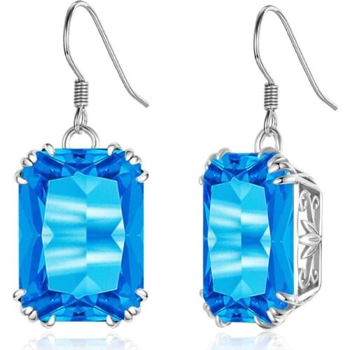 Szjinao Silver Earrings For Women Real 925 Sterling Silver Blue Topaz Big Drop Earrings Elegant Vintage Gift Party Fine Jewelry