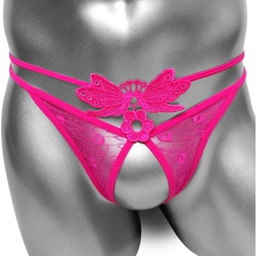 Sissy Open Crotch Thong Panties See Through Lace Embroidery Sexy Lingerie T Back G String Men Bikini Underwear