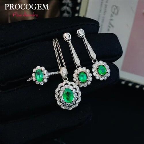 PROCOGEM Natural Emerald fine Jewelry 4Pcs sets for Women Party gifts Necklace Ring Earrings Real gems 925 Sterling Silver #638
