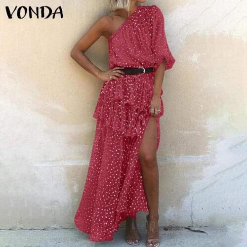 Women Sundress 3/4 Sleeve Polka Dot Print Holiday Party Dress 2021 VONDA Sexy One Shoulder Side Slit Long Dresses Vestidos