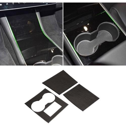 3pcs Real Soft Carbon FiberCar Center Console Film Center Console Water Cup Holder Panel Trim for Tesla Model 3 Accessories