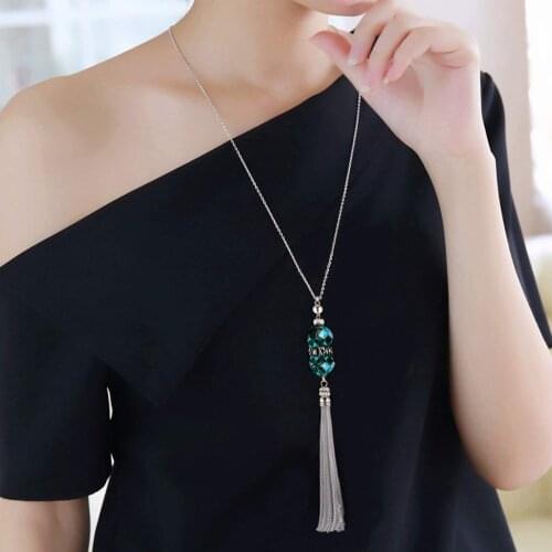 Ceilim Women Zircon Black Tassel Long Necklace Sweater Chain Fashion Metal Chain Crystal Flower Pendant Necklaces