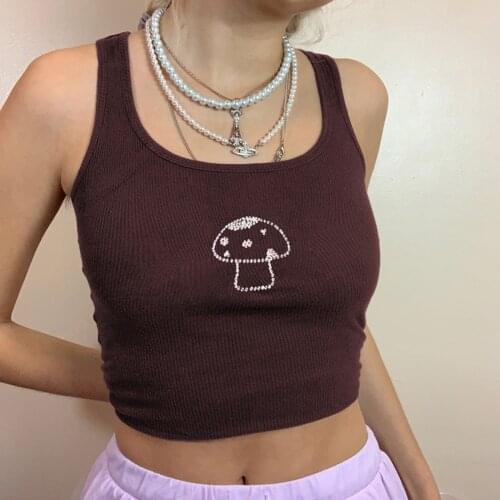 Indie Aesthetics Mushroom Diamond Straped Brown Corset Tops Y2K Vintage U-neck Sleeveless Tank Top 90s Streetwear Outfits Slim