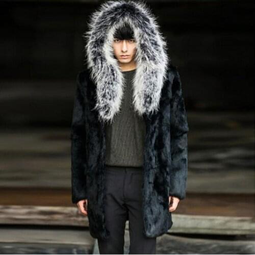 Hooded faux mink jacket mens leather clothes winter thicken warm casual fur leather coat men long sleeve jackets autumn black