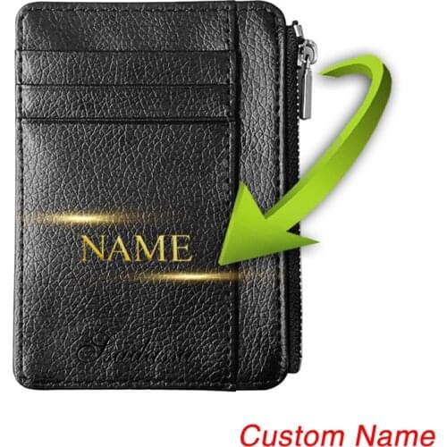 Mini Wallet Gold Name Credit Card Holder Lychee Zipper Slim Id Card Holder Bank Multi Slot Card For Women Men Gift Custom Nam