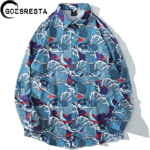 Retro Fashion Hip Hop Oversized Shirt Men Streetwear Brocade Carp Print Long-sleeved Shirts Brand Harajuku Casual Mens Shirt