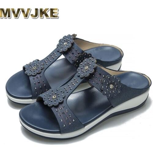 MVVJKE New Fashion Summer Womens Slippers Cute Flowers Rhinestone Slippers Wedges Womens Shoes Comfortable Beach Womens Shoe