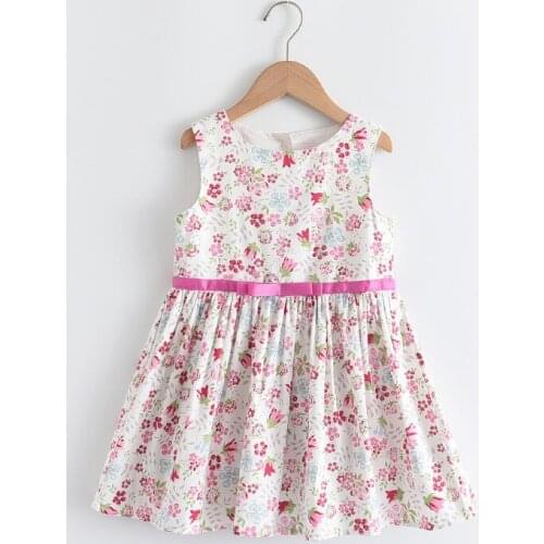 New 2021 Summer Girls' Sleeveless One-Piece Dress Cute Floral Skirt Childrens Bow Belt Cotton Princess Dress