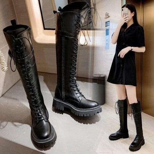 New Boots Womens Autumn/Winter Knee-length Boots American British Style Lace Up Thin Boots Ins High Tube Knight Boots