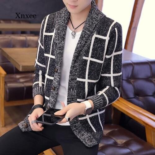 Autumn and Winter Sweater Mens Plaid Stand Collar Cardigan Long-Sleeved Warm Sweater Knit Jacket Solid Color Mens Shirt