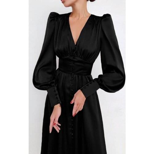 2021 Fall New Womens Fashion Trend All Match Comfortable Lady Style Satin Retro Dress Custom Lantern Sleeve V Neck Waist Thin