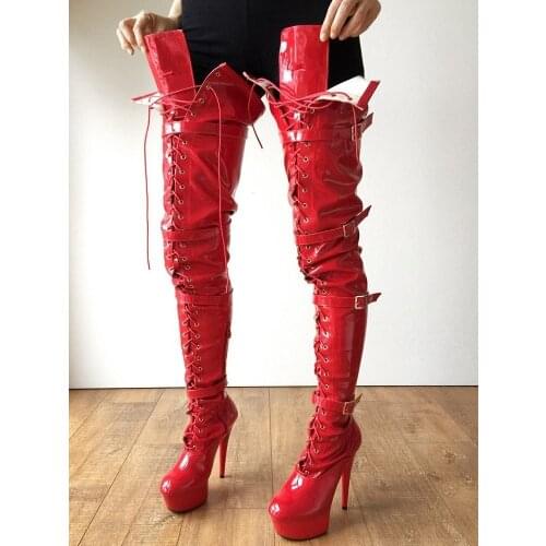Sexy Over-the-knee Boots Red Patent Leather Queen Legg 15 Cm High Heels Performance Pole Dance Shoes Women Platform Botas Mujer