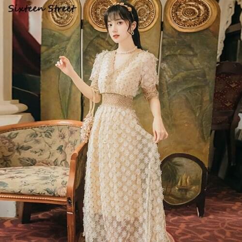 Summer Embroidery Party Dresses Women Evening V-neck Apricot Short-sleeve Maxi Dress Woman Vestido Elegant Dress Female