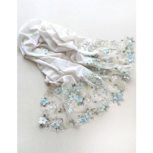 Floating flowers like a dream! Soft light white cashmere scarf handmade blue lace three-dimensional embroidery shawl women