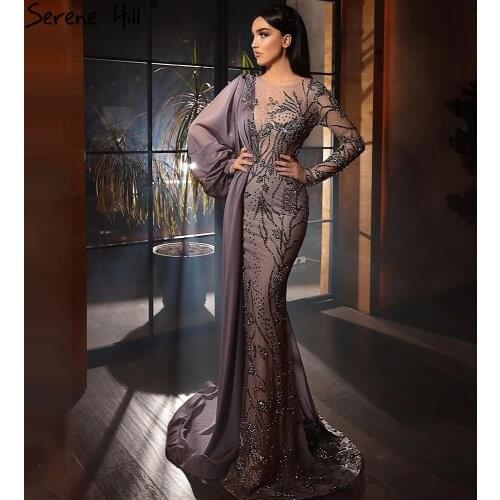 Serene Hill Grey Luxury Beaded Mermaid With Overskirt Evening Gown 2021 Elegant For Women Formal Party Dress CLA71066