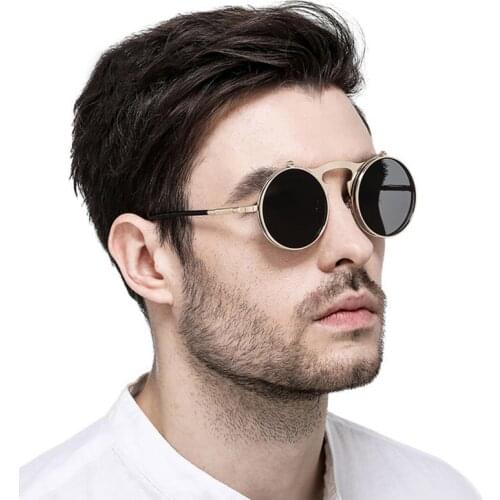 Steampunk Flip Up Sunglasses For Men Women Retro Round Metal Frame Sun Glasses Hinge Brand Design Eye Glasses Shades UV400