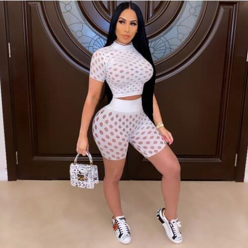 Adogirl Sexy Hollow Out Tracksuit Women Fashion T-Shirt Top And Biker Shorts 2 Piece Set Jogging Femme Fitness Set Matching Sets