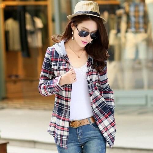 Women Striped Flannel Shirts Long Sleeve With Hoodie Brand Cotton Blouses Spring Fashion Tops Autumn Casual Female Clothing