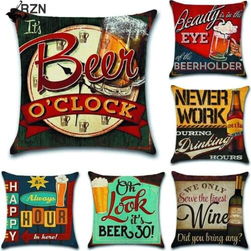 Vintage Beer Bottle Cartoon Pillow Case Alphabet Beer Printed Throw Pillow Vintage Home Decorative Cotton Linen Pillow Case
