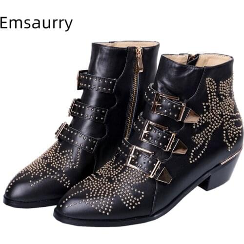 Studded Buckle Metal Decoration Ankle Boots Women Point Toe Thick Heel Side Zip Serpentine Real Leather Rivet Winter Botas