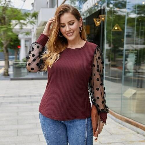 Dot Print Mesh Long Sleeve Women Tops Blusas Mujer Patchwork Knitted Pullovers Outerwear 4XL Plus Size Blouses TP202042