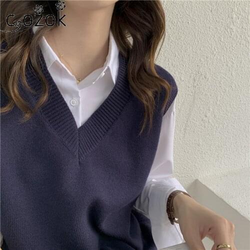 Women Sweater Vest New Korean Fashion Autumn Winter Loose Black V-neck Knitted Vest Solid Sleeveless Pullover Sweater Women