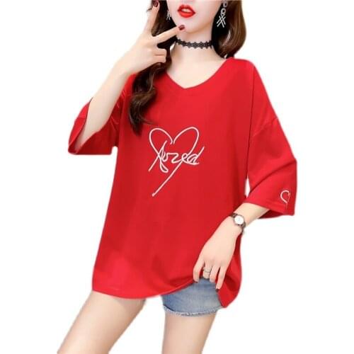 #2637 Summer Red Tshirts For Women Plus Size Short Sleeve Loose Tee Shirt Ladies Cotton Tops Female Oversize Grey White Top