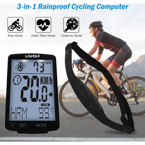 LIXADA 3 in 1 Wireless Bike Computer Multi Functional LCD Screen Bicycle Computer with Heart Rate Sensor Mountain Bike IPX7